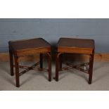 Pair of 20th century mahogany tables, the rectangular top above plain legs and a pierced stretchers,