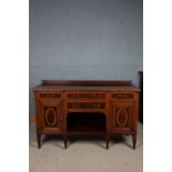 Edwardian mahogany Sheraton revival cross banded and strung inlaid sideboard, the rectangular top