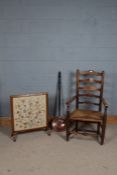 20th century elm ladder back chair together with floral needlework firescreen and a copper bed