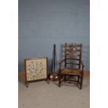 20th century elm ladder back chair together with floral needlework firescreen and a copper bed