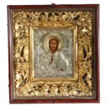 Large 19th Century Russian icon, with depiction of Jesus Christ, housed in a pierced gilt fruiting