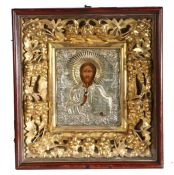 Large 19th Century Russian icon, with depiction of Jesus Christ, housed in a pierced gilt fruiting