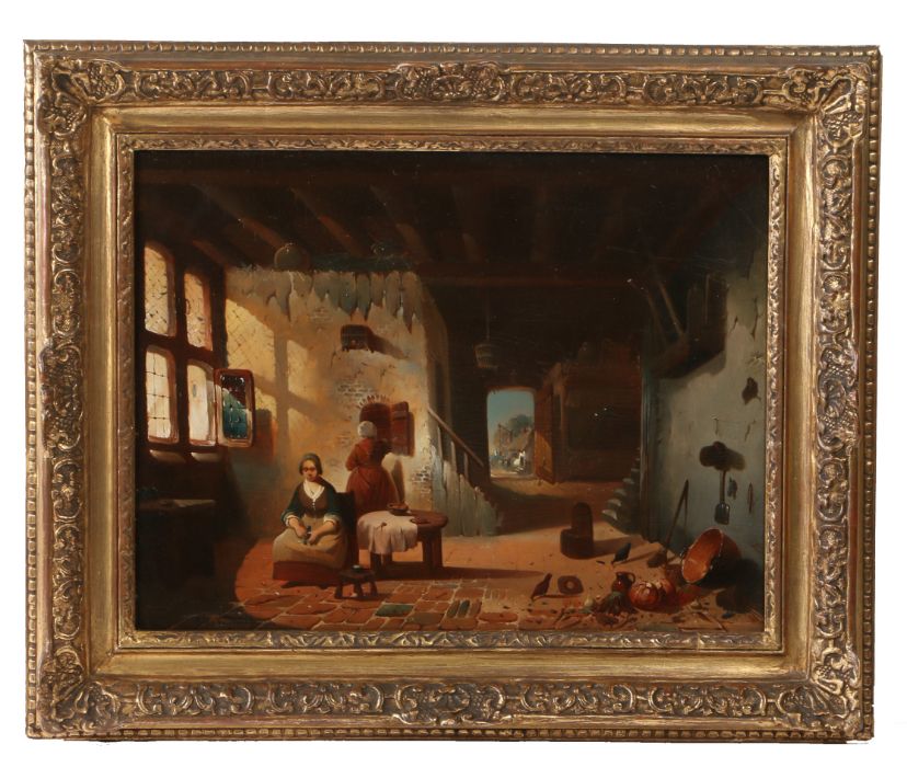Felix Vandeneiken (Dutch, 19th Century) Interior Kitchen Scene with Woman Plucking a Fowl signed ( - Image 2 of 2