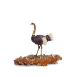 Fabulous amethyst white coral and fossilised wood carving of an ostrich, in the manner of Bernhard
