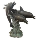 A fine quality bronze patinated cast metal Dolphin trio water fountain 105cm tall