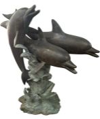 A fine quality bronze patinated cast metal Dolphin trio water fountain 105cm tall