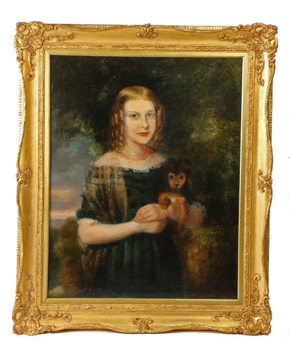 English School (Circa 1840) A Portrait of Elizabeth Marshall (Born 1831) holding her pet dog ' - Image 2 of 2