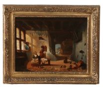Felix Vandeneiken (Dutch, 19th Century) Interior Kitchen Scene with Woman Plucking a Fowl signed (