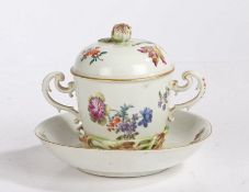 A 19th century Meissen twin-handled chocolate cup & cover with trembleuse saucer, handpainted floral
