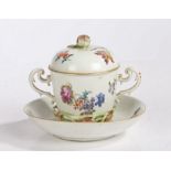 A 19th century Meissen twin-handled chocolate cup & cover with trembleuse saucer, handpainted floral