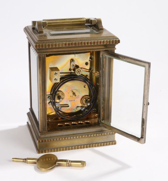 A good late 19th Century French brass carriage clock, of large proportions, with a five bevelled - Image 2 of 5