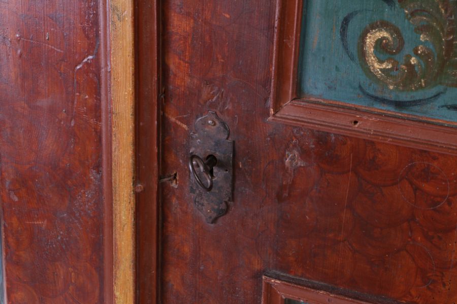 A 19th Century Swedish painted cabinet, in iron red swirls and blue scroll panels, the frieze with - Image 2 of 2