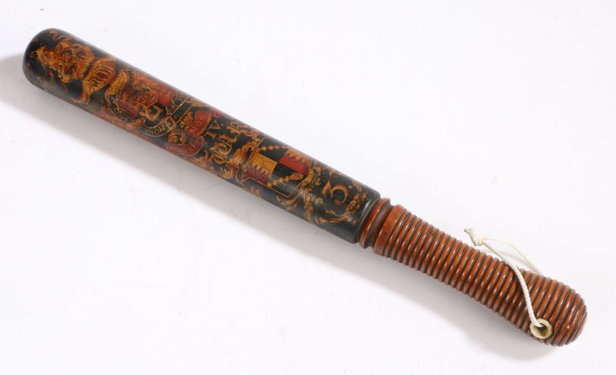 A William IV police truncheon, polychrome painted with the Royal Coat of Arms, legend Honi Soit