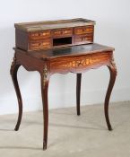 A 19th Century rosewood and inlaid escritoire, the gilt metal gallery top above five foliate small