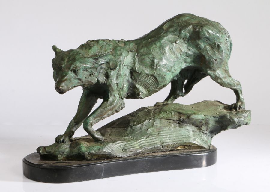 After Antoine-Louis Barye (French, 1795-1875) Wolf  green bronze patinated hollow cast metal