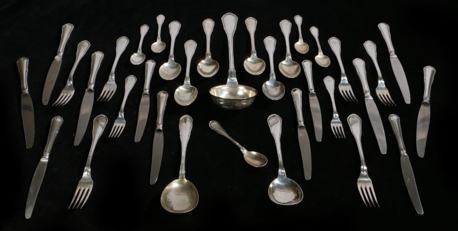 A part canteen of Continental 800 silver table cutlery, possibly Swiss, consisting of six table