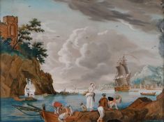 Late 18th/ Early 19th Century reverse painting on glass, Continental scene with figures and boats in