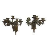 A pair of French Six Arm Ormolu Wall Sconces of Ecclesiastical design, pierced foliate scroll