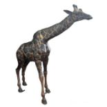 A large and impressive cast bronze garden sculpture of a Giraffe, 190cm tall,  220cm width from