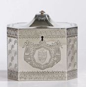 A George III silver tea caddy, London 1789, maker Henry Chawner, of octagonal form, the domed hinged