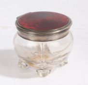 Continental white metal and enamel dressing table pot, the hinged circular lid with red enamel
