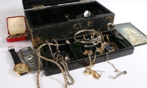Victorian leather jewellery box containing costume jewellery, wristwatches and bijouterie etc (Qty)