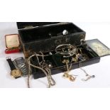 Victorian leather jewellery box containing costume jewellery, wristwatches and bijouterie etc (Qty)