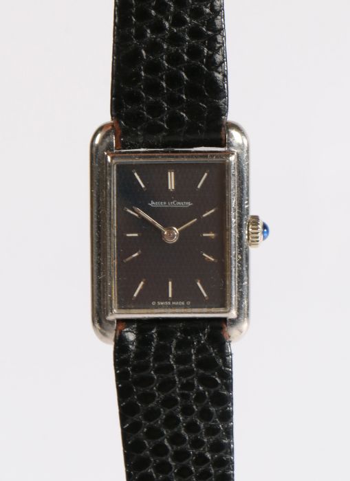 Jaeger LeCoultre 18 carat white gold ladies watch, the signed blue waffle effect dial with baton