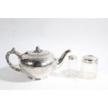 Two silver lidded clear glass dressing table pots, Elkington & Co. silver plate teapot, with foliate