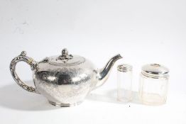 Two silver lidded clear glass dressing table pots, Elkington & Co. silver plate teapot, with foliate