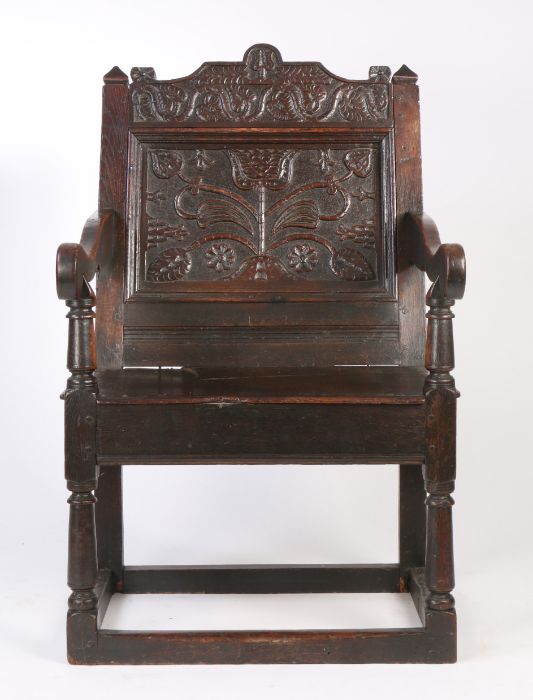 A Charles II oak panel-back open armchair, Lancashire, circa 1670 Having a flattened scroll profiled - Image 2 of 2