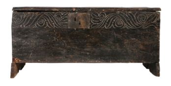 A Charles I  elm boarded chest, West Country, probably Devon, circa 1630 and later Having a single