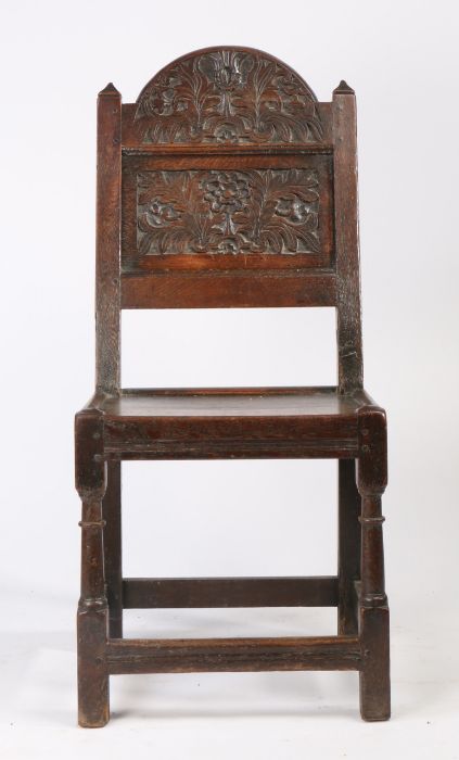 A Charles II oak backstool, Lancashire/Cheshire, circa 1680 Having an arched cresting and back panel - Image 3 of 4