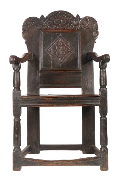 A rare Charles II joined oak 'Durham' panel-back open armchair, circa 1670.  See Lot 81, a court - Image 2 of 5