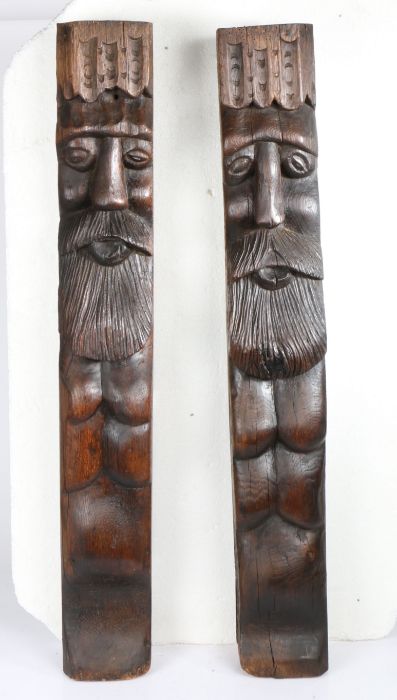 An unusual pair of late 15th/early 16th century oak naive carved 'pilasters', English, Circa 1500-50 - Image 2 of 2