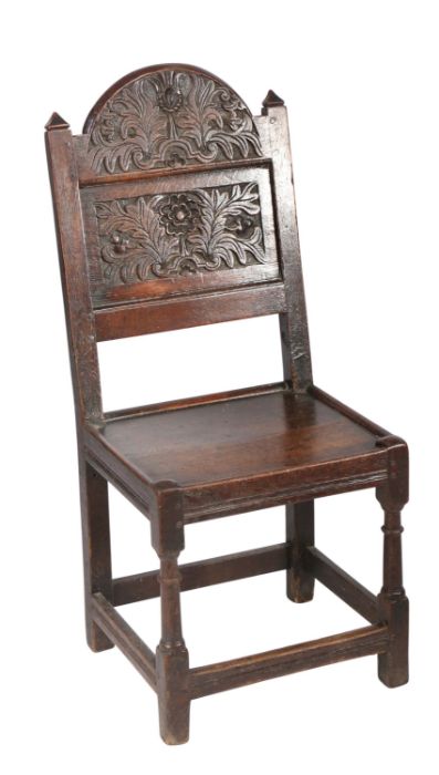 A Charles II oak backstool, Lancashire/Cheshire, circa 1680 Having an arched cresting and back panel - Image 2 of 4