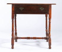 A George I joined oak and elm side table, circa 1715 The triple-boarded top with ovolo-moulded edge,