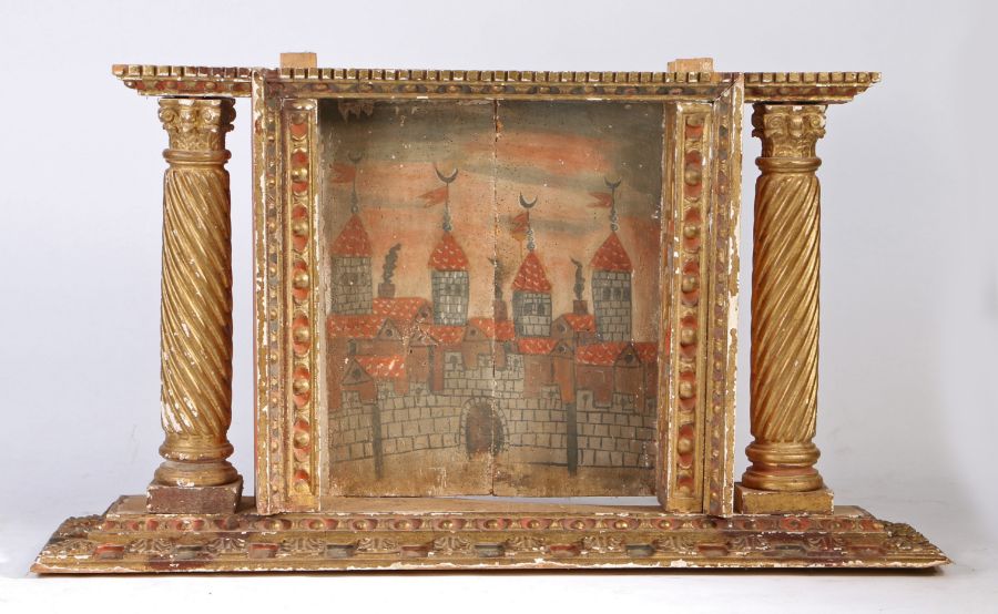 17th Century naïve oil on board depicting a fortified wall and four towers, housed in a - Image 6 of 6