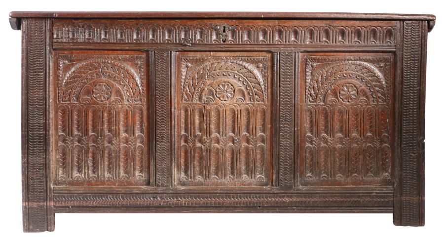 An unusual Elizabeth I joined oak coffer, circa 1580 Having a boarded top, the front with three - Image 2 of 3