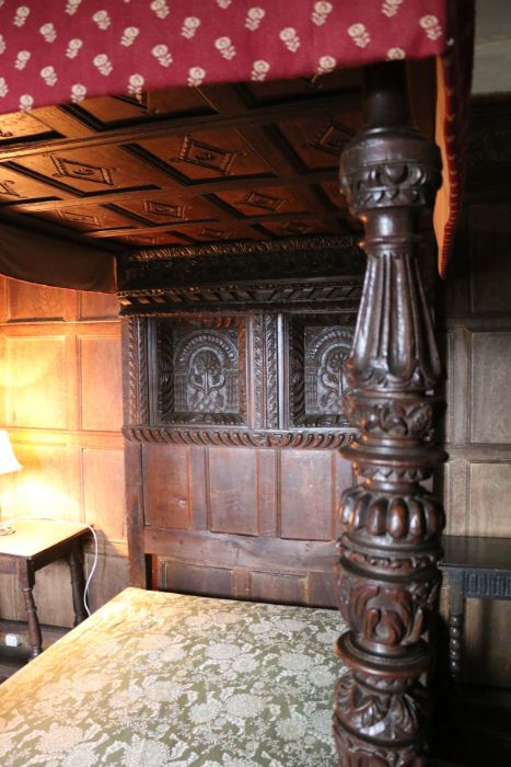 A rare Elizabeth I oak tester bed, circa 1580 Having a twelve-panelled tester, each panel carved - Image 9 of 9