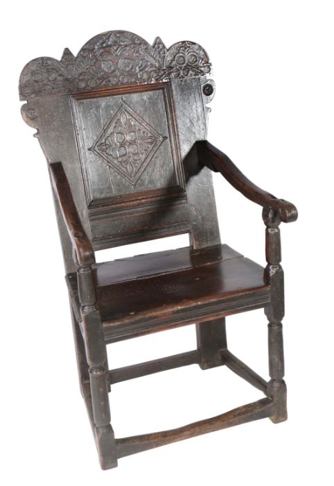 A rare Charles II joined oak 'Durham' panel-back open armchair, circa 1670.  See Lot 81, a court - Image 3 of 5