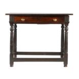 A Charles II oak side table, circa 1670 Having a twin-plank top with square-edge, single frieze