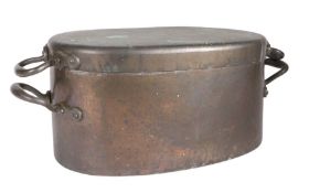 A Victorian copper dish kettle, circa 1860 Of oval form, with original removal strainer, maker's