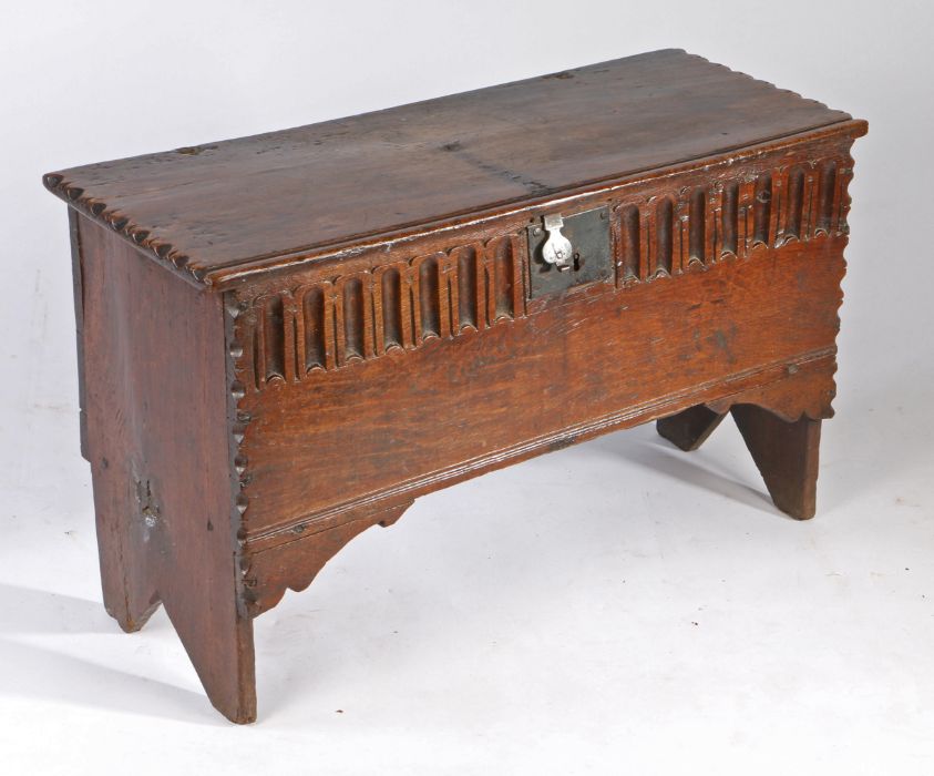 A small Elizabeth I boarded oak coffer, West Country, circa 1600 The top with moulded front edge and - Image 4 of 4