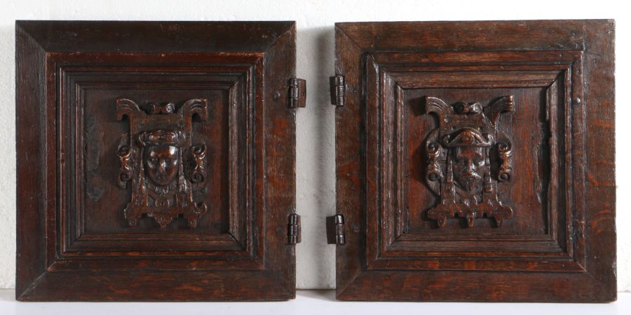 A pair of Elizabeth I carved oak boarded cupboard doors, circa 1570 Each carved with a figural - Image 2 of 2