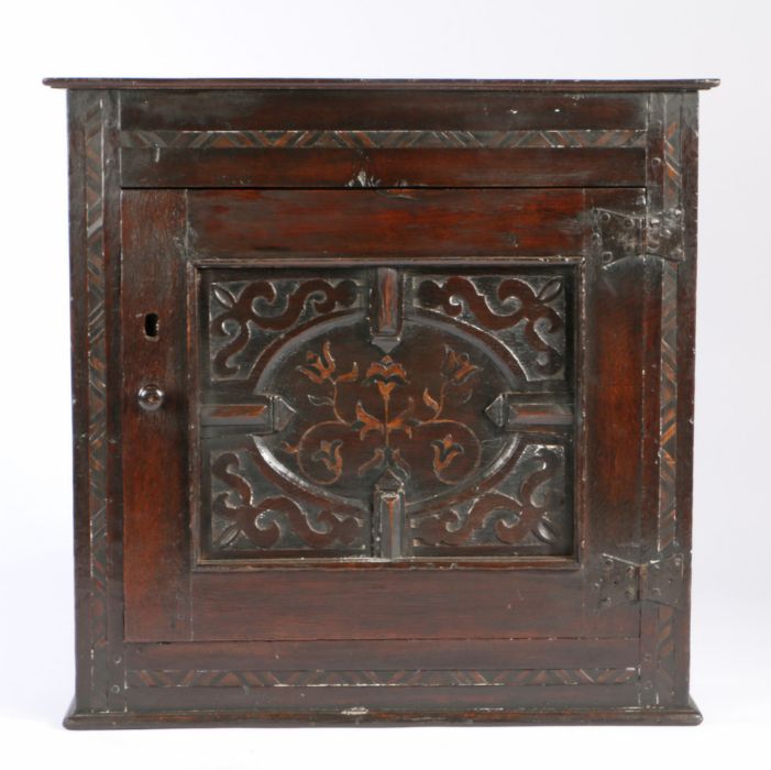 A Charles II oak and inlaid mural cupboard, Yorkshire/Lancashire, circa 1675 Having a rectangular - Image 3 of 4