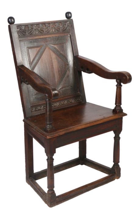 A James I oak panel-back open armchair, West Country, probably Somerset, circa 1620 The back panel - Image 3 of 5