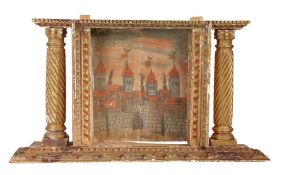 17th Century naïve oil on board depicting a fortified wall and four towers, housed in a
