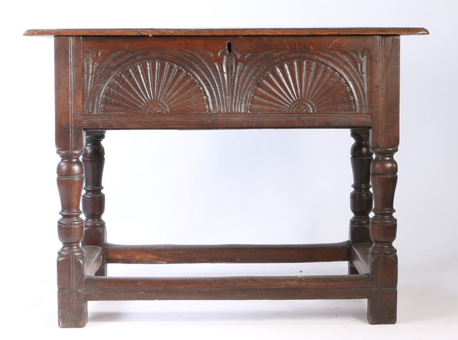 An Elizabeth I oak box-top table, circa 1600 Having a boarded hinged top with ovolo-moulded edge, - Image 3 of 4