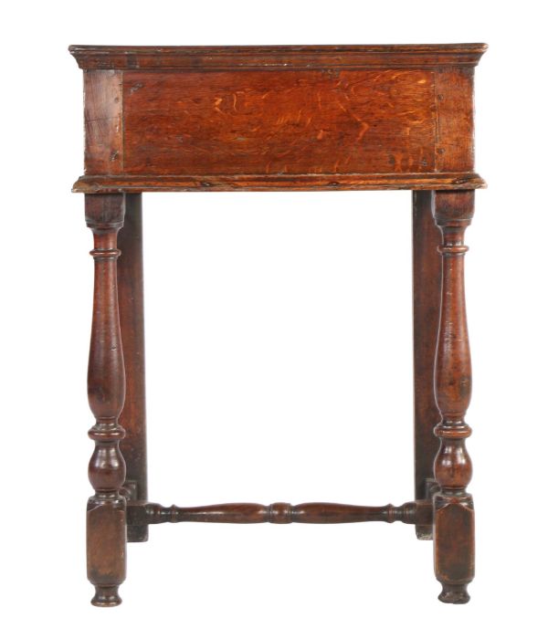 An unusual William & Mary oak side table, circa 1700 Tall, having a boarded top with linear - Image 2 of 6